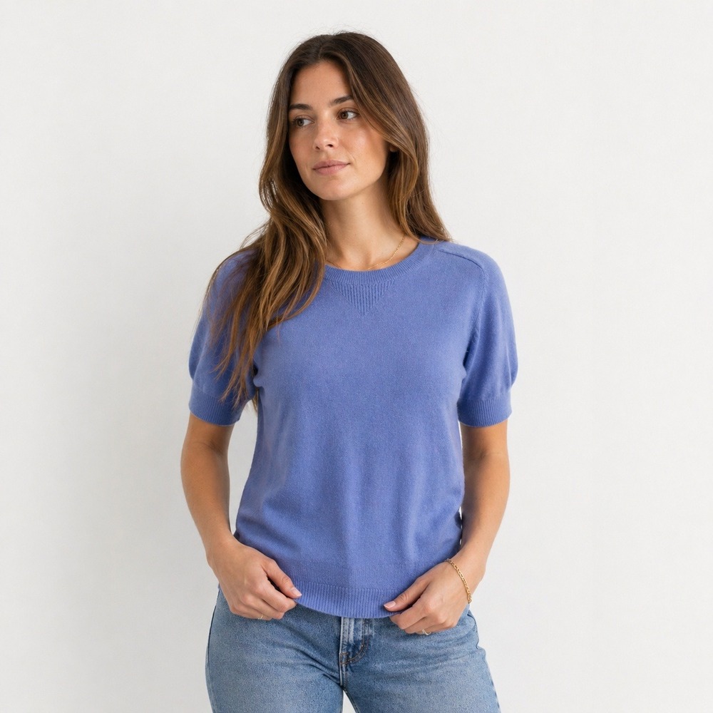 LL Bean Periwinkle Blue 100% Cashmere Short Sleeve Sweater Top Large